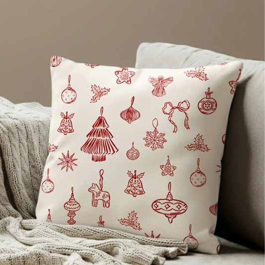 Hand-Drawn Red Ornament Christmas Pillow featuring Nordic style art and festive designs in red tones.