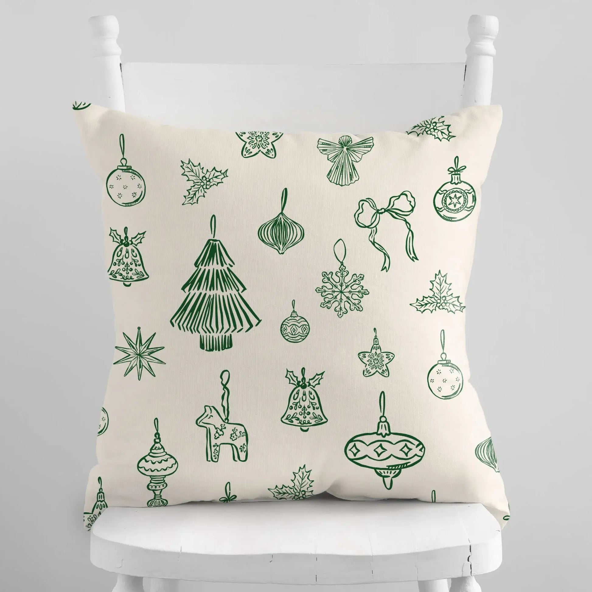 Hand-Drawn Red Ornament Christmas Pillow featuring festive line-art designs in red tones, perfect for Nordic style decor.