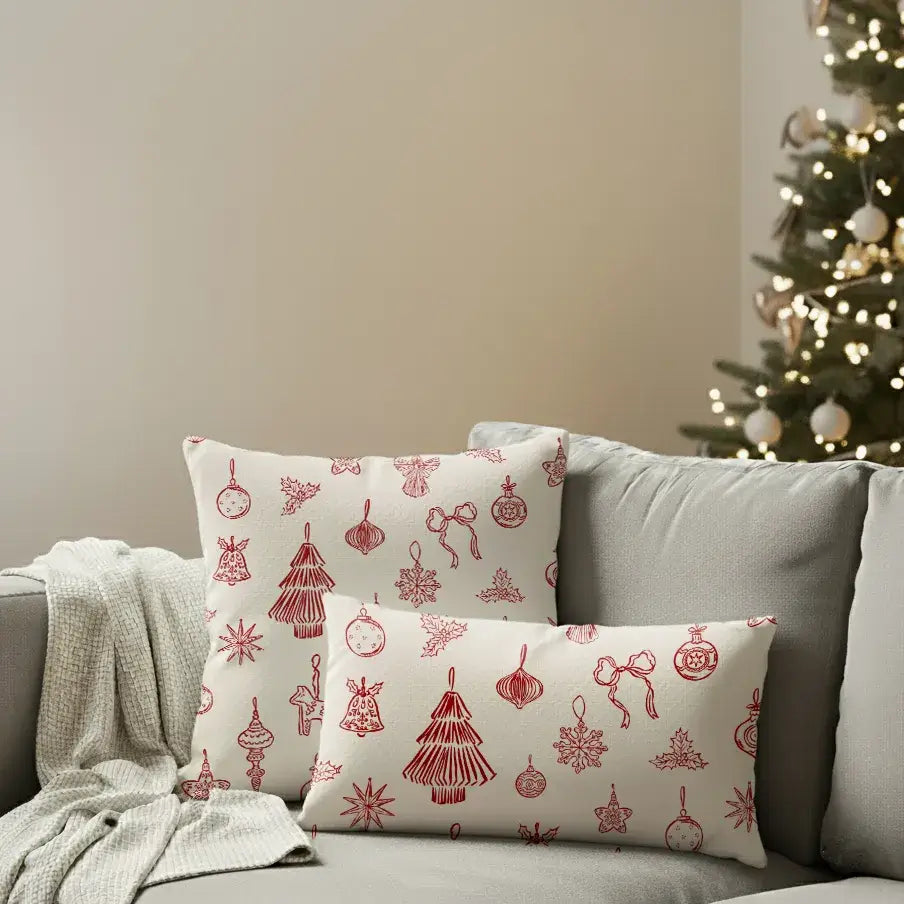 Hand-Drawn Red Ornament Christmas Pillow featuring festive red ornaments on a cozy sofa background.