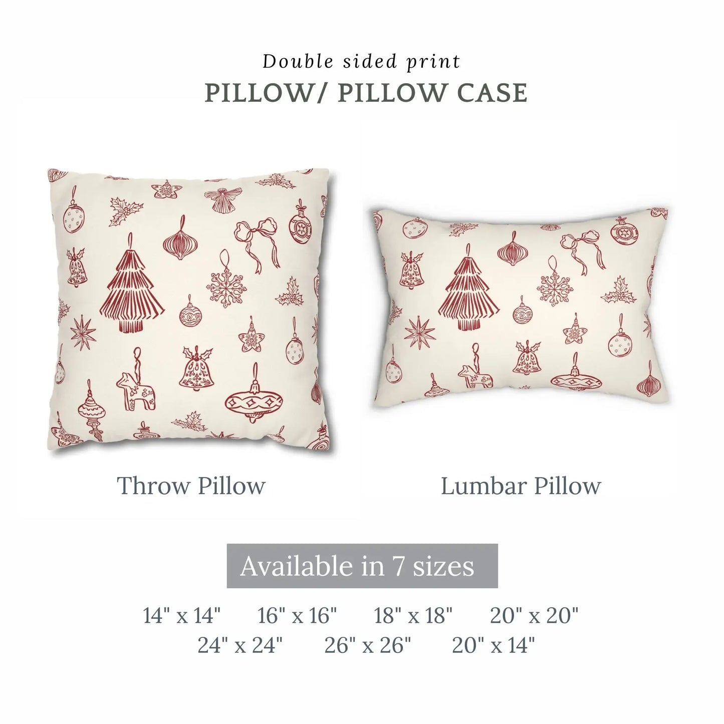 Hand-Drawn Red Ornament Christmas Pillow featuring festive designs in Nordic style, double-sided print available in 7 sizes.