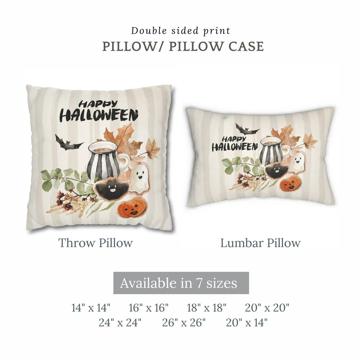 size descriptions of Happy Halloween Pillow Cover from Blue Water Songs