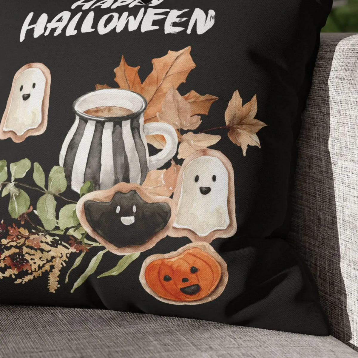 close up of Happy Halloween Pillow Cover - black color from Blue Water Songs