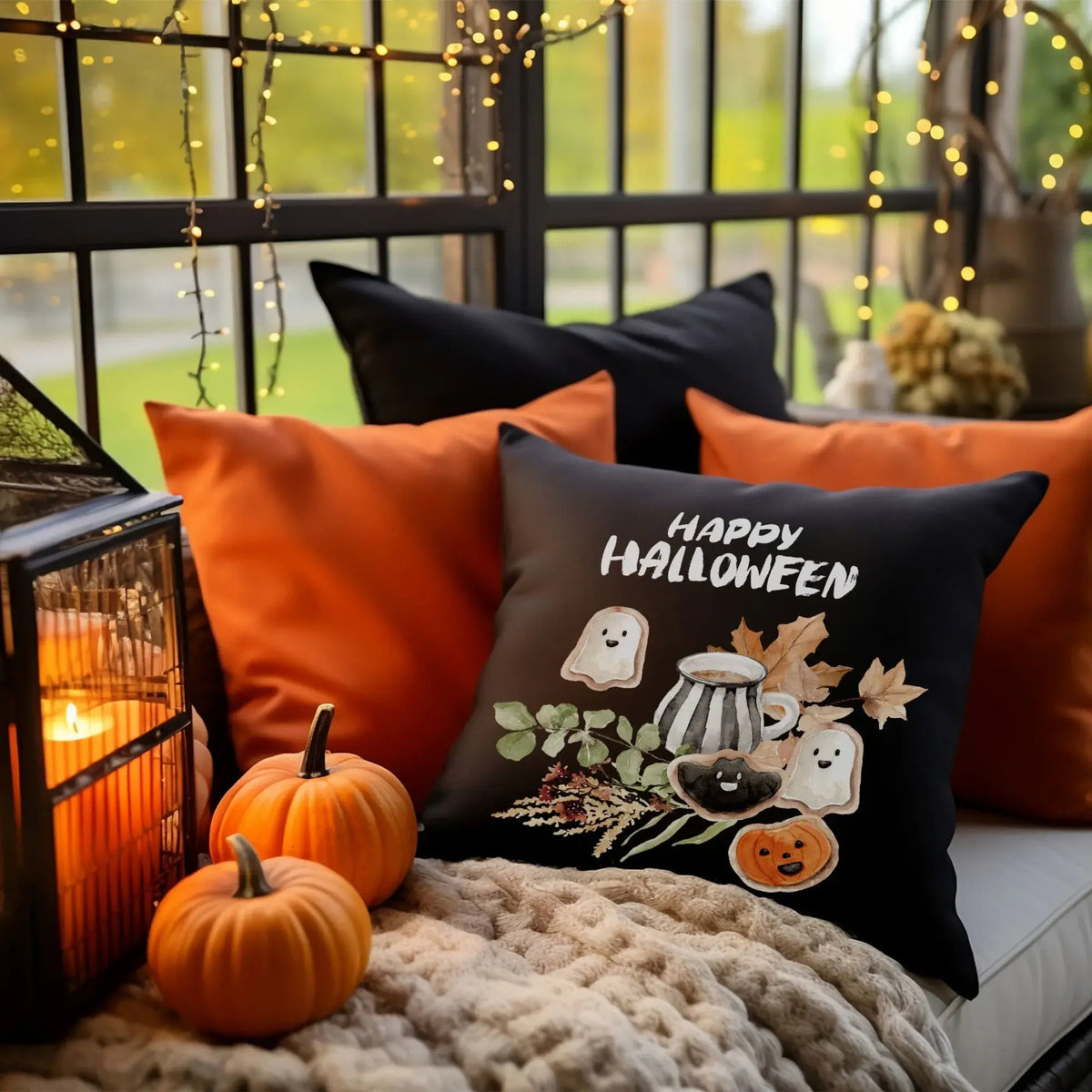 halloween vibe with Happy Halloween Pillow Cover from Blue Water Songs