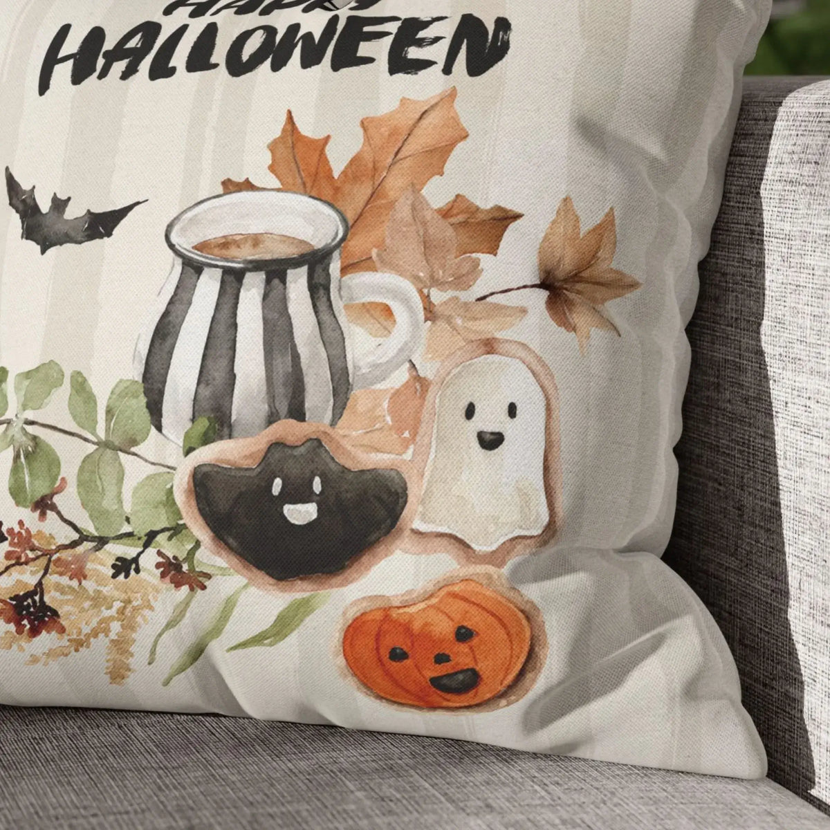 Close-up of Happy Halloween Pillow Cover from Blue Water Songs