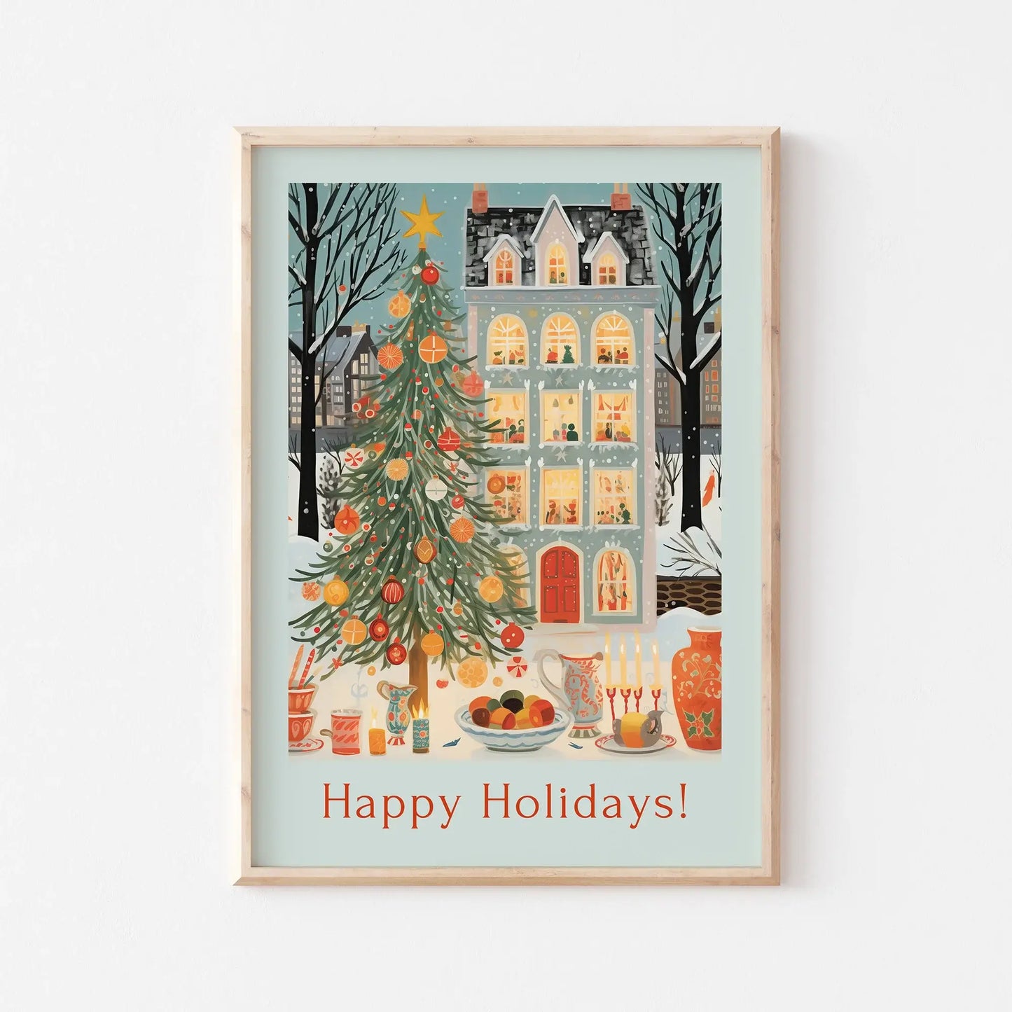 Christmas Prints Set of 4 featuring a festive holiday scene with a decorated tree and a cozy home.