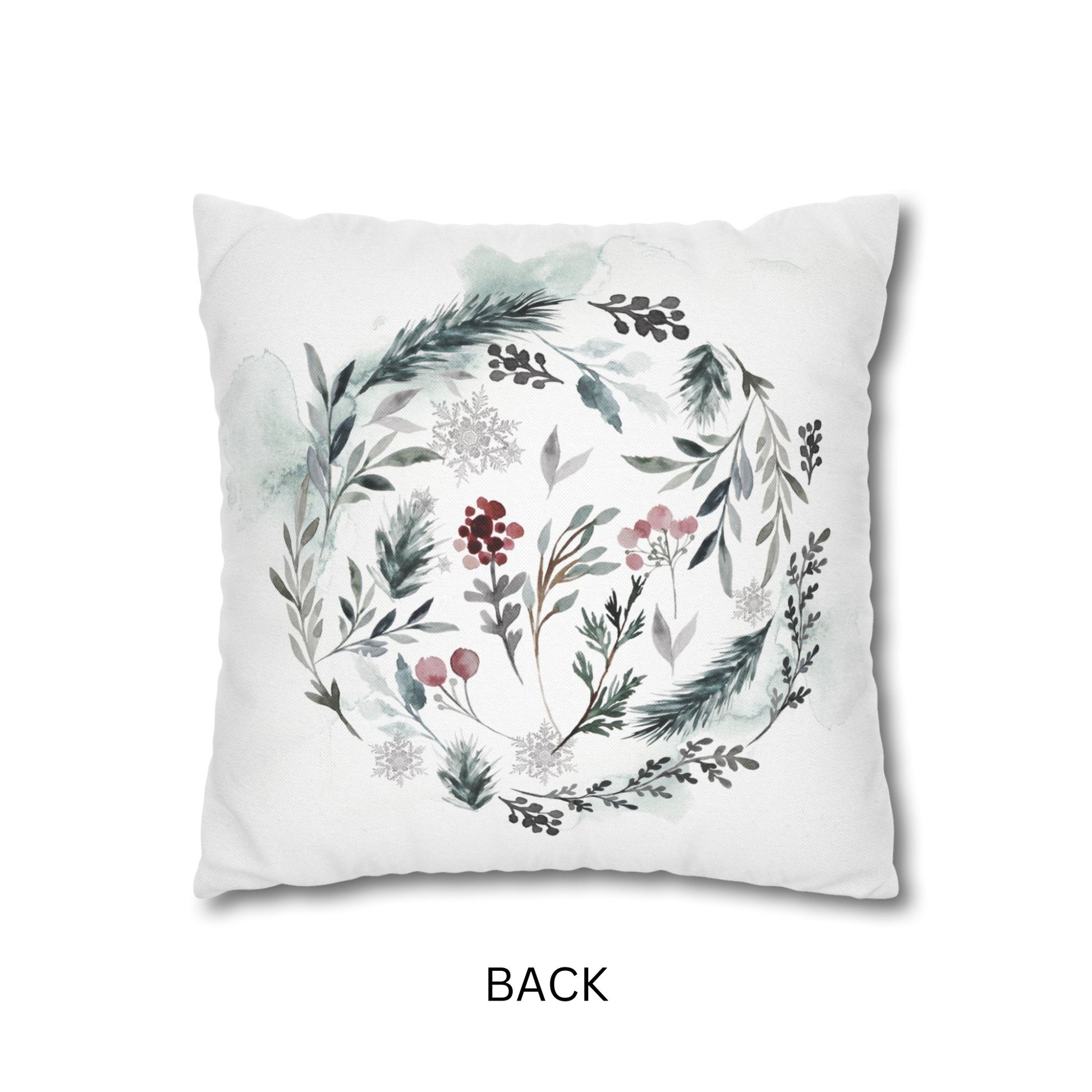 Hello Winter pillow back view with watercolor winter foliage and berries – seasonal decor