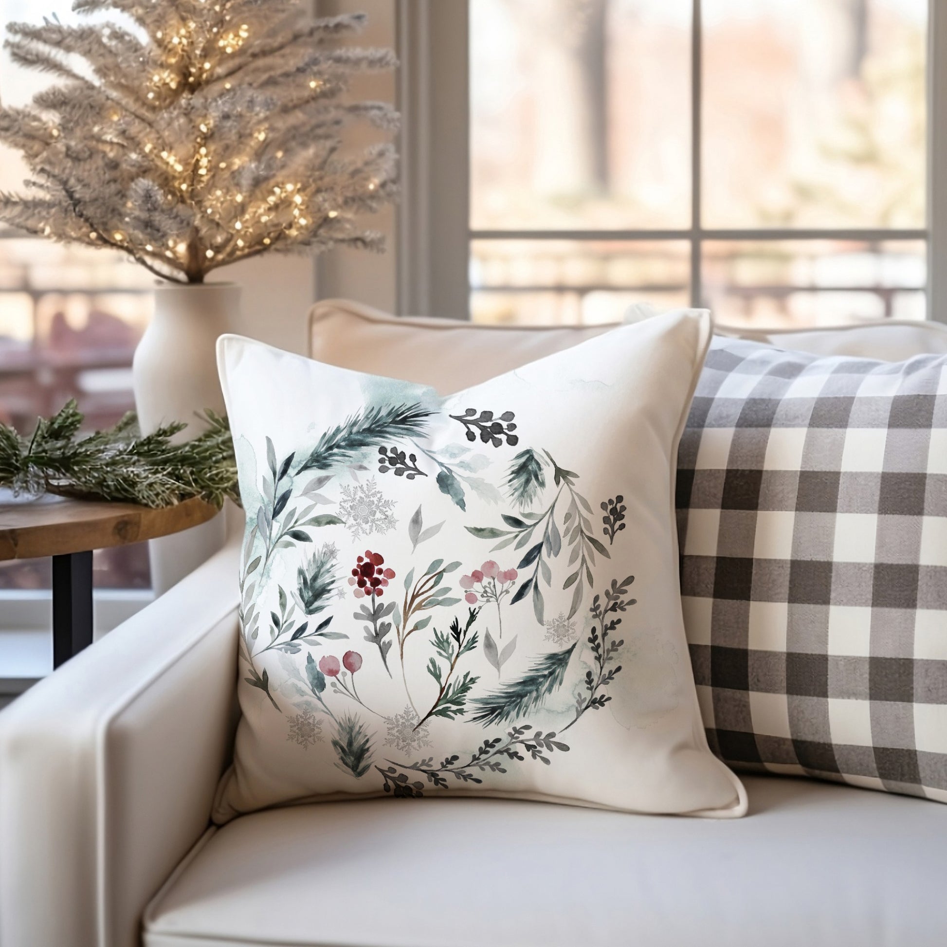 Winter botanical pillow with watercolor wreath on cream sofa – cozy seasonal home decor
