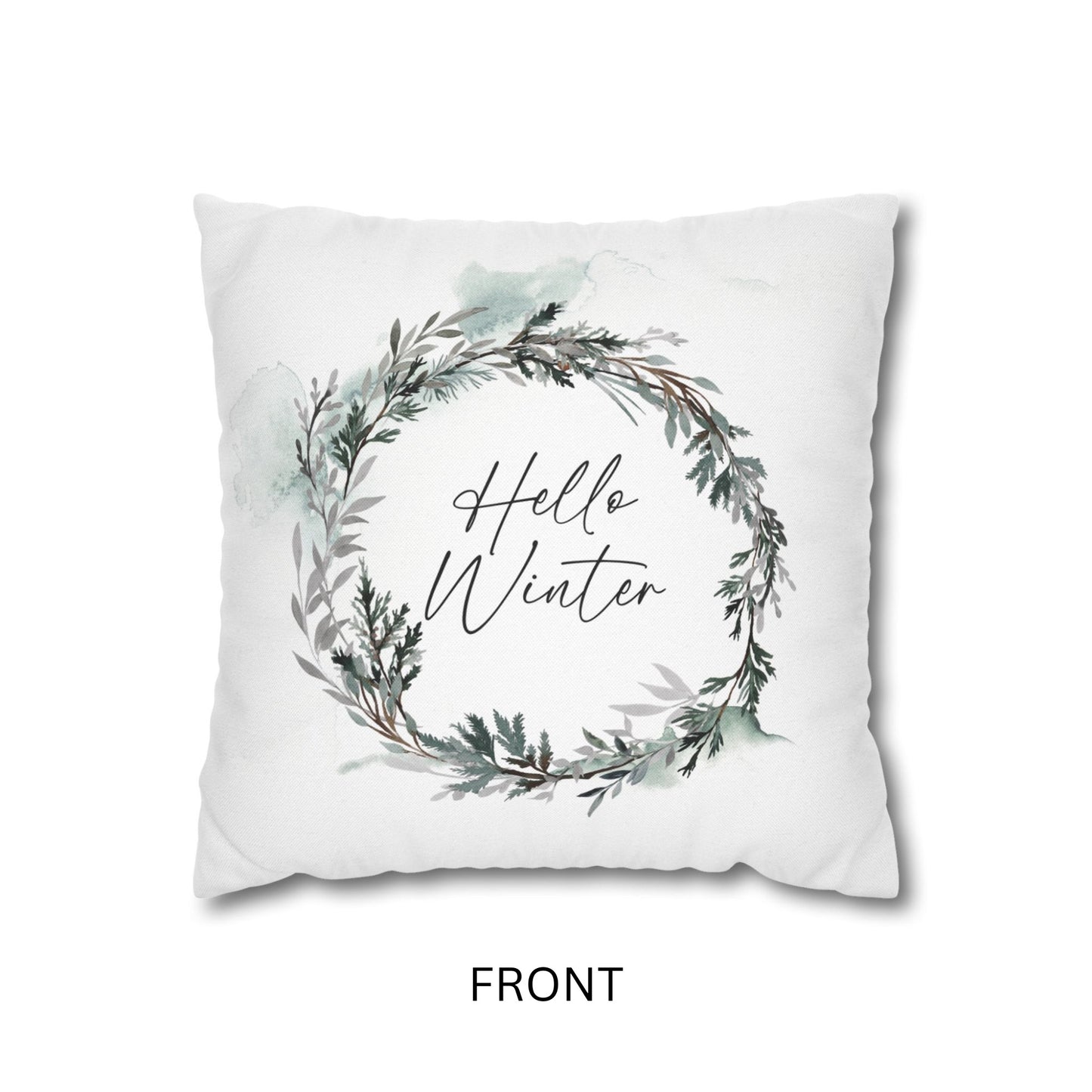 Hello Winter pillow front view with watercolor wreath – seasonal nature-inspired decor