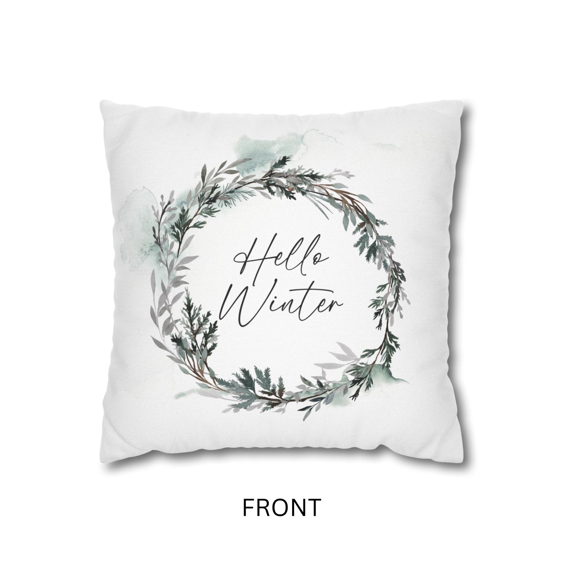 Hello Winter pillow front view with watercolor wreath – seasonal nature-inspired decor