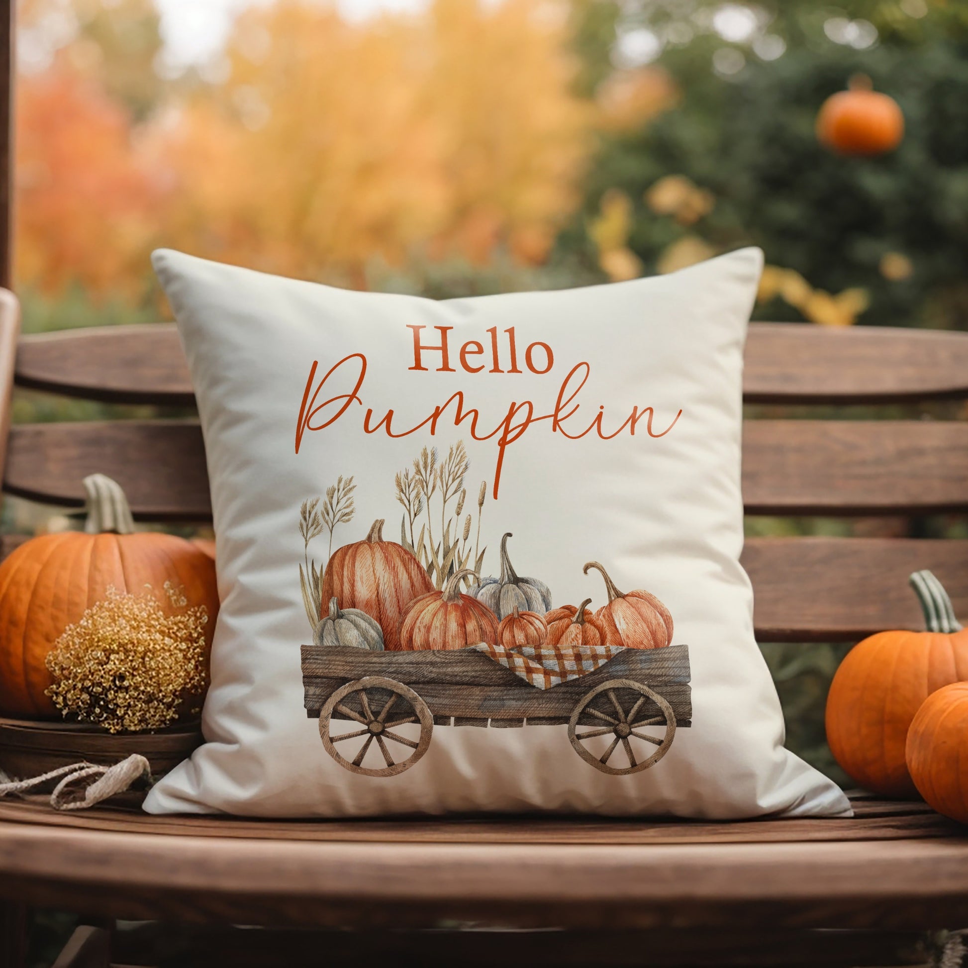 wood bench outdoor with pumpkin throw pillow and pumpkins on it