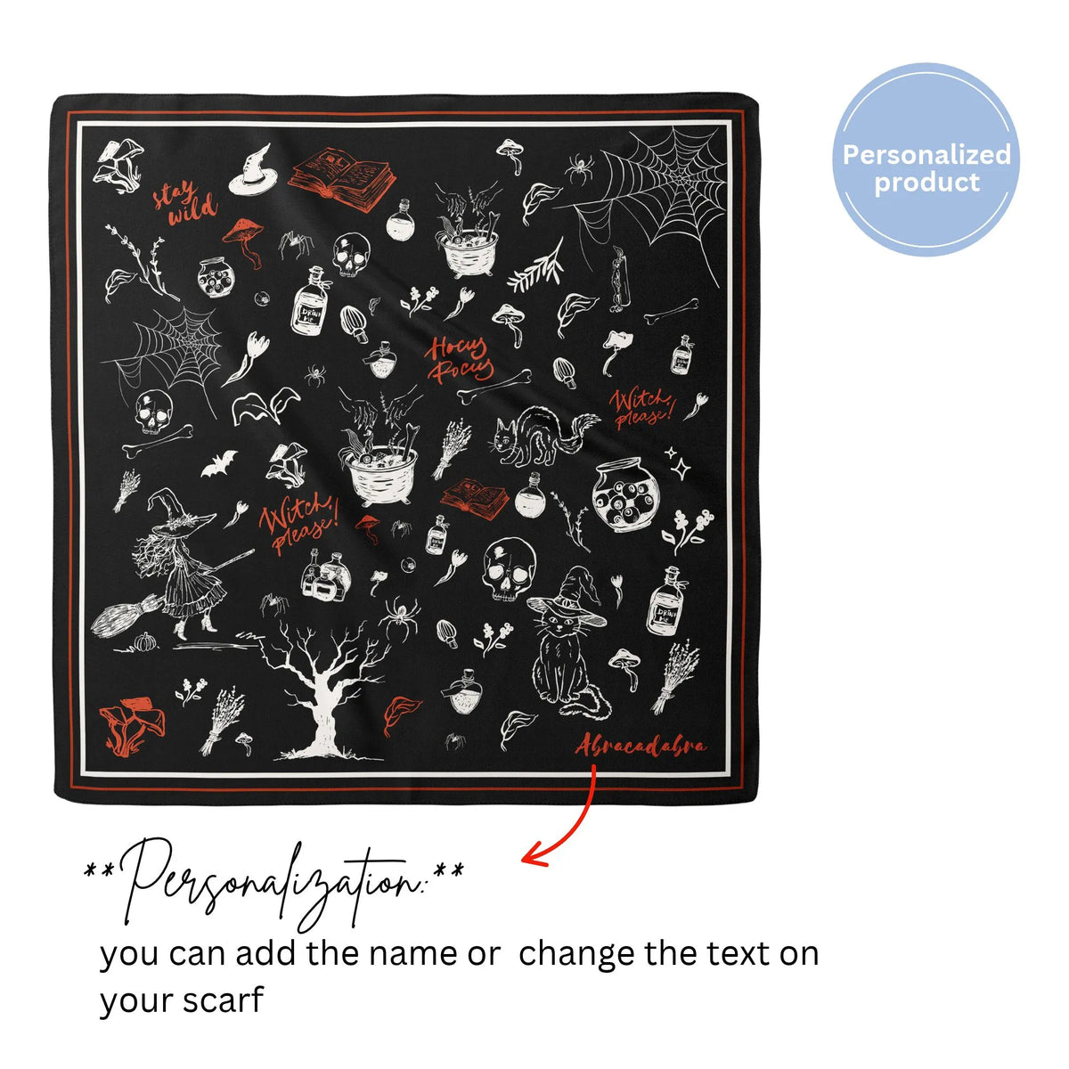 Hocus Pocus Halloween Scarf – Silk Habotai & More featuring whimsical witches and potion bottles with personalization options.