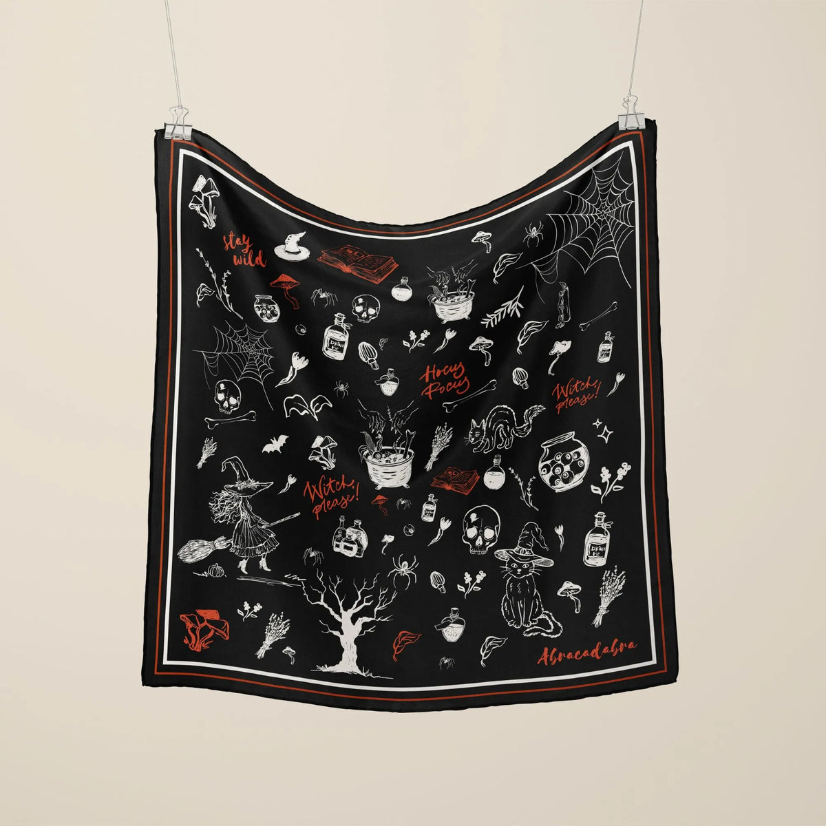 Hocus Pocus Halloween Scarf – Silk Habotai & More featuring whimsical witches and potion bottles in playful print.
