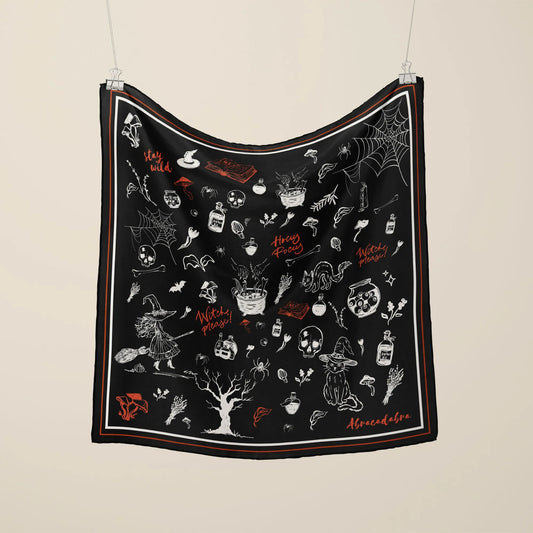 Hocus Pocus Halloween Scarf – Silk Habotai & More featuring whimsical witches and potion bottles in playful print.