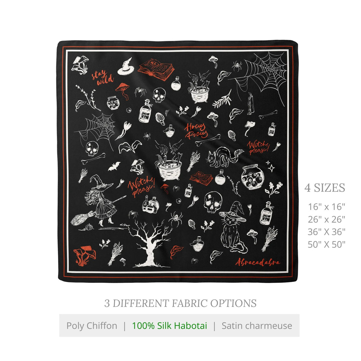 Hocus Pocus Halloween Scarf – Silk Habotai & More featuring whimsical witches and potion bottles, available in multiple sizes and fabrics.
