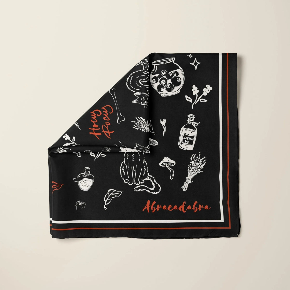 Hocus Pocus Halloween Scarf – Silk Habotai & More featuring whimsical witches and potion bottles.