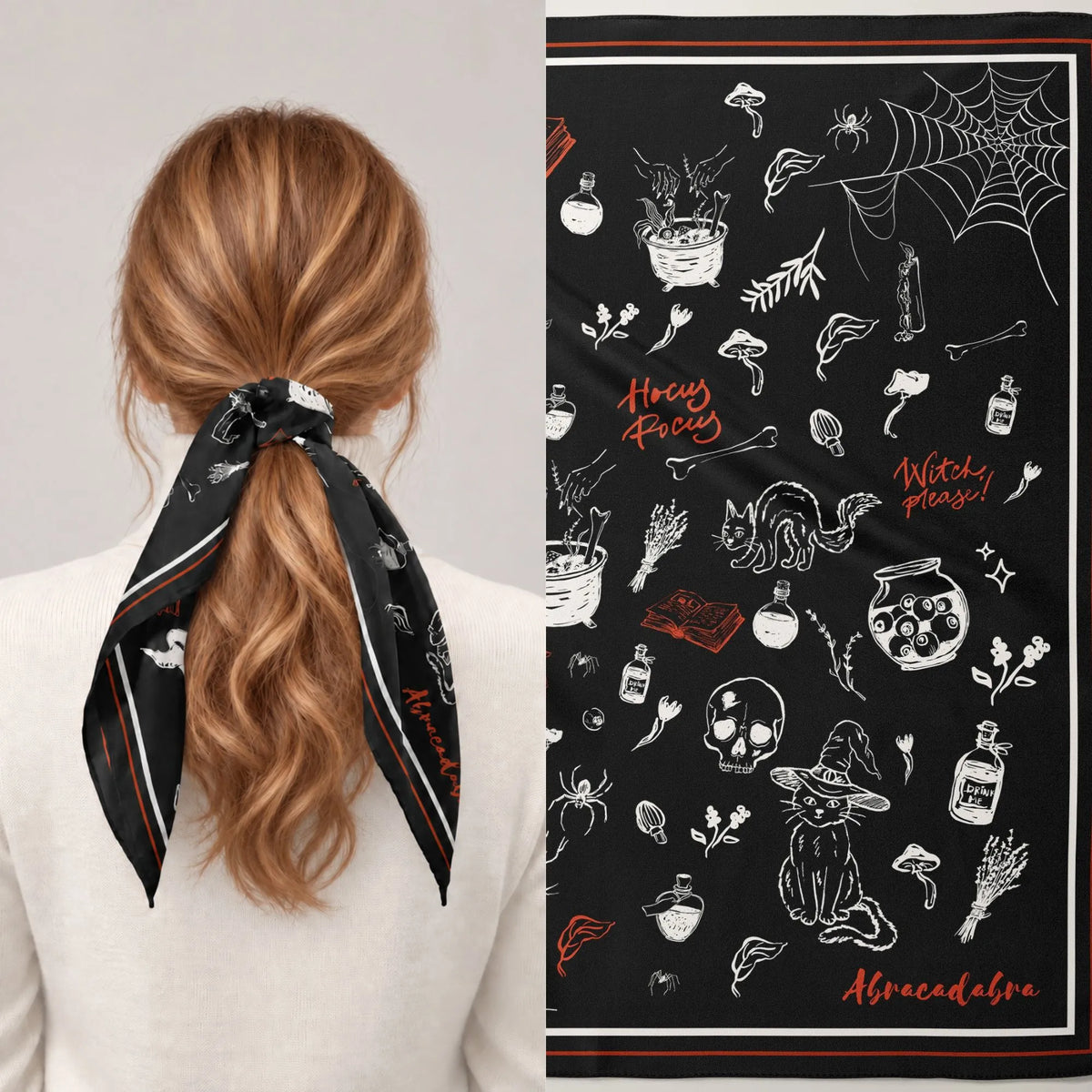 Hocus Pocus Halloween Scarf – Silk Habotai & More styled in hair with whimsical witch and cat print