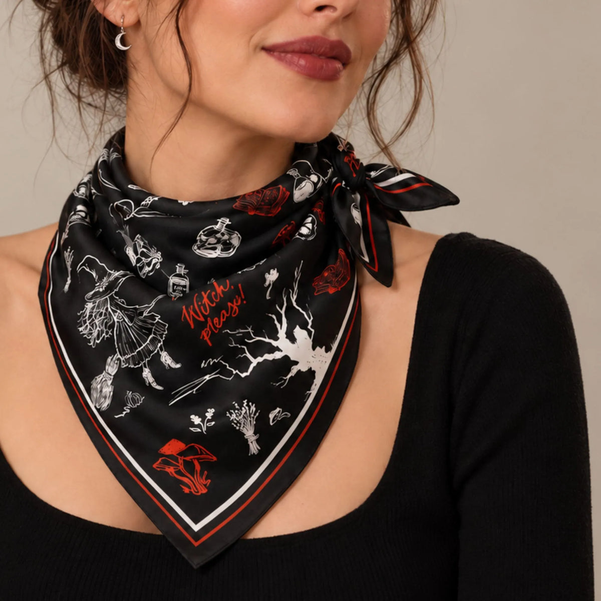 Hocus Pocus Halloween Scarf – Silk Habotai & More worn by a model showcasing its whimsical design.