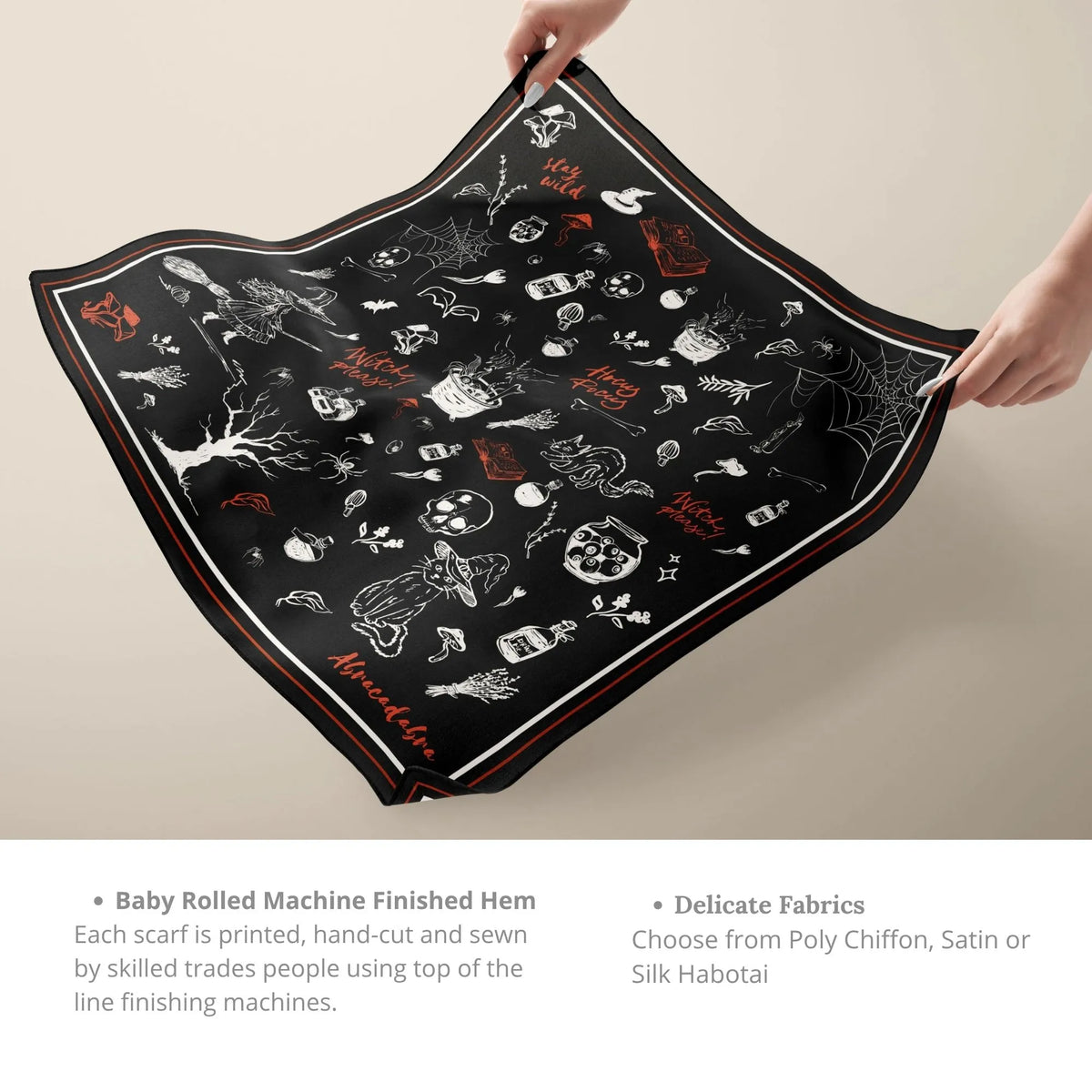 Hocus Pocus Halloween Scarf – Silk Habotai & More in black featuring whimsical witches and potion bottles