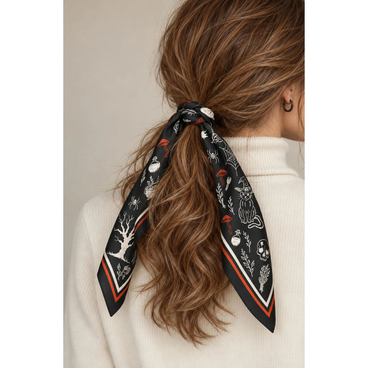 Hocus Pocus Halloween Scarf – Silk Habotai & More tied in hair with whimsical print of witches and cats.