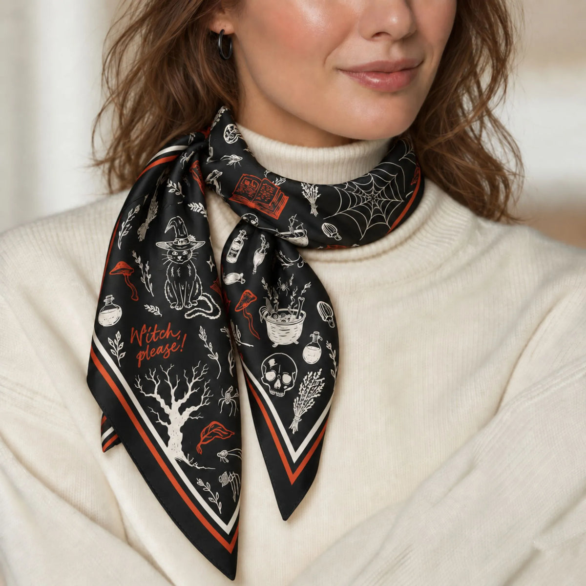 Hocus Pocus Halloween Scarf – Silk Habotai & More featuring whimsical witches and potion bottles.