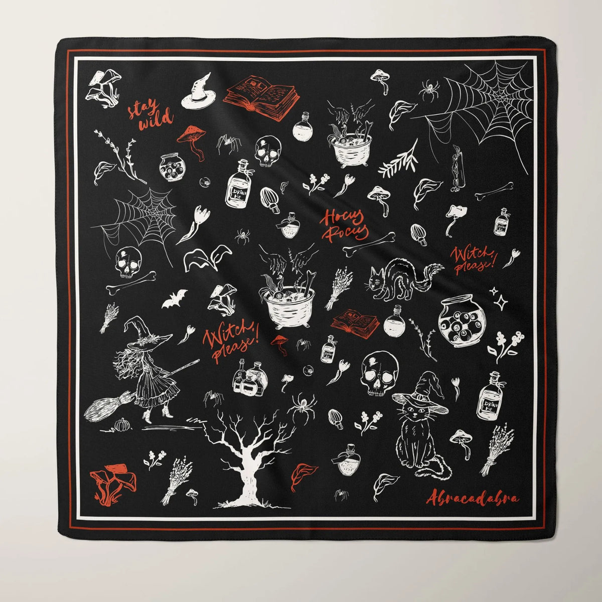 Hocus Pocus Halloween Scarf – Silk Habotai & More featuring whimsical witches, cats, and potion bottles on a black background.