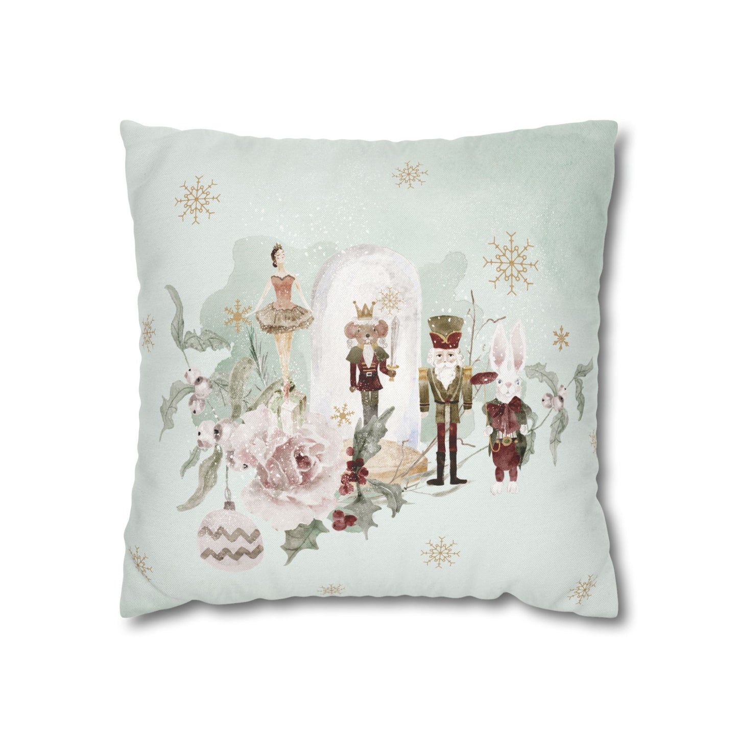 Nutcracker Christmas Pillow Cover – Storybook Holiday Cushion with watercolor Nutcracker and winter florals on soft background.
