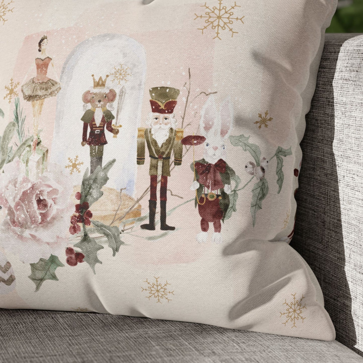 Nutcracker Christmas Pillow Cover featuring Nutcracker, ballerina, Mouse King, and winter florals in blush and sage tones.