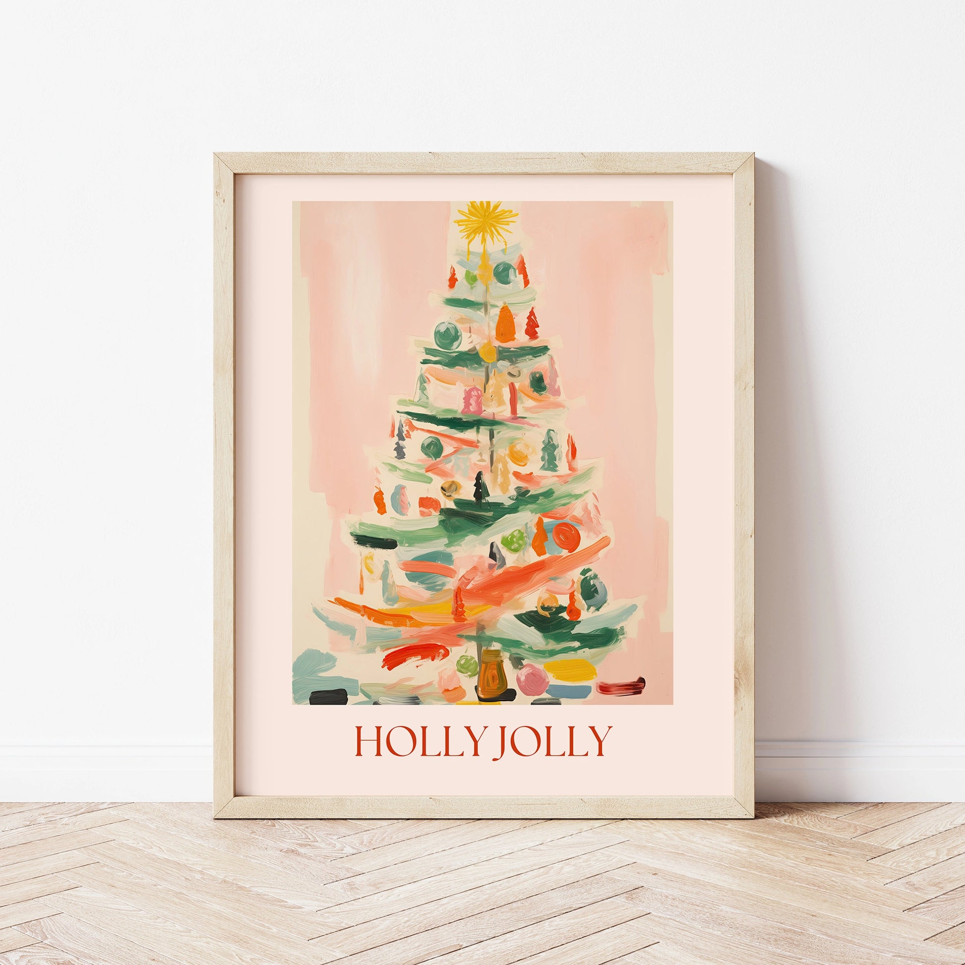 Holly Jolly Christmas tree art print – festive holiday wall decor digital download