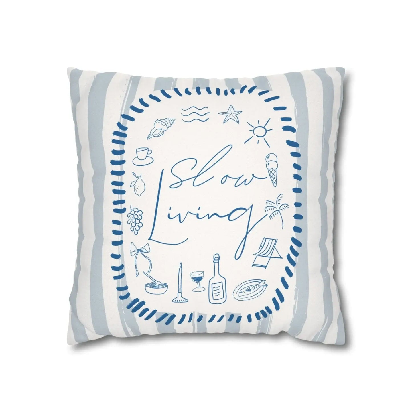 La Dolce Vita Pillow Cover with slow living design and Mediterranean illustrations in blue and white tones.