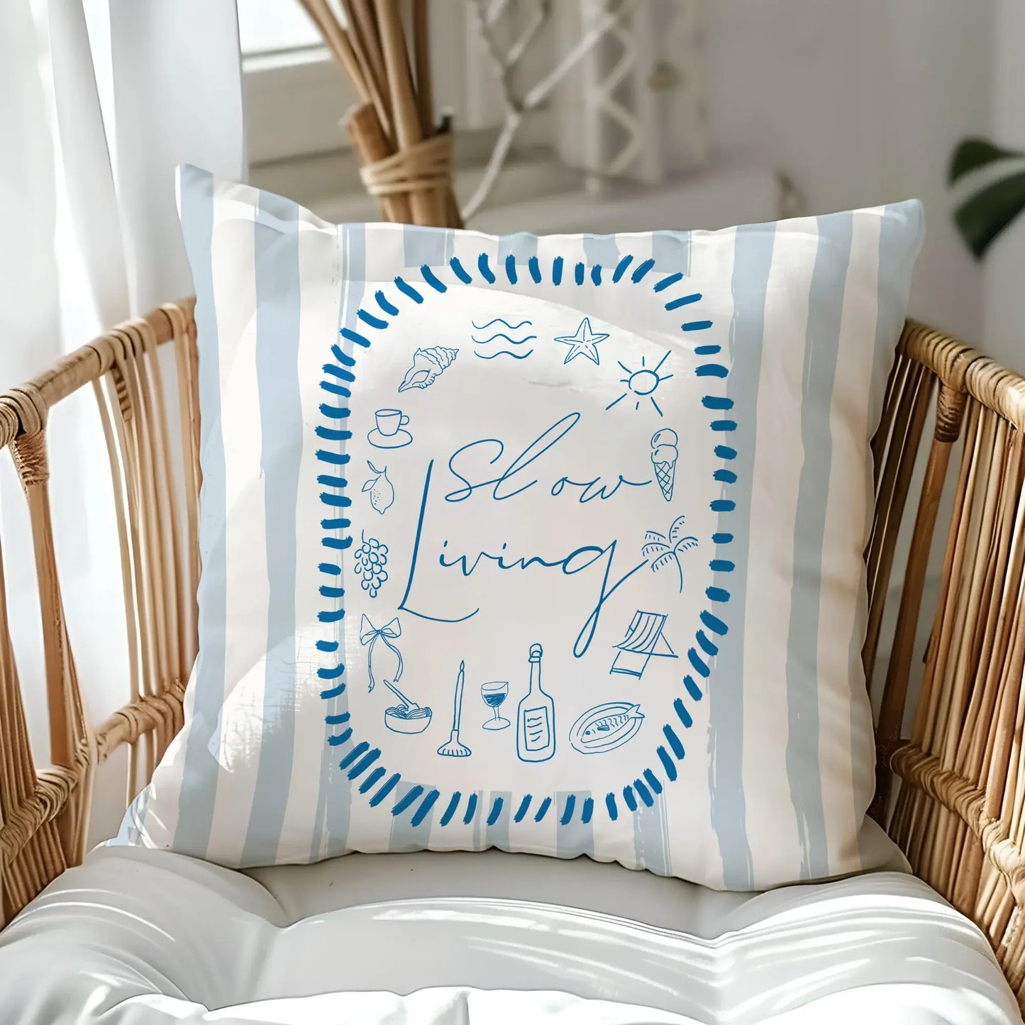 La Dolce Vita Pillow Cover featuring blue illustrations and stripes for slow living summer decor.