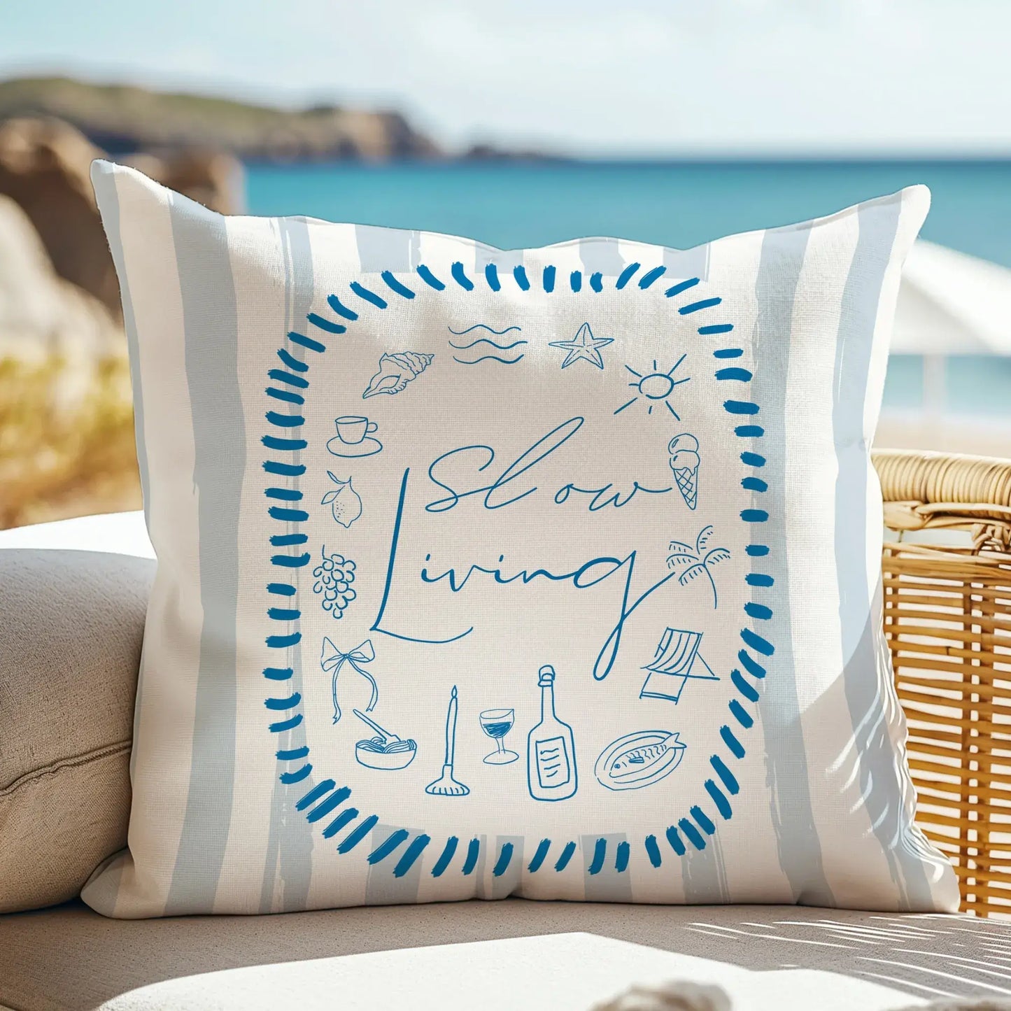 La Dolce Vita Pillow Cover featuring slow living design with Mediterranean illustrations and summer colors.