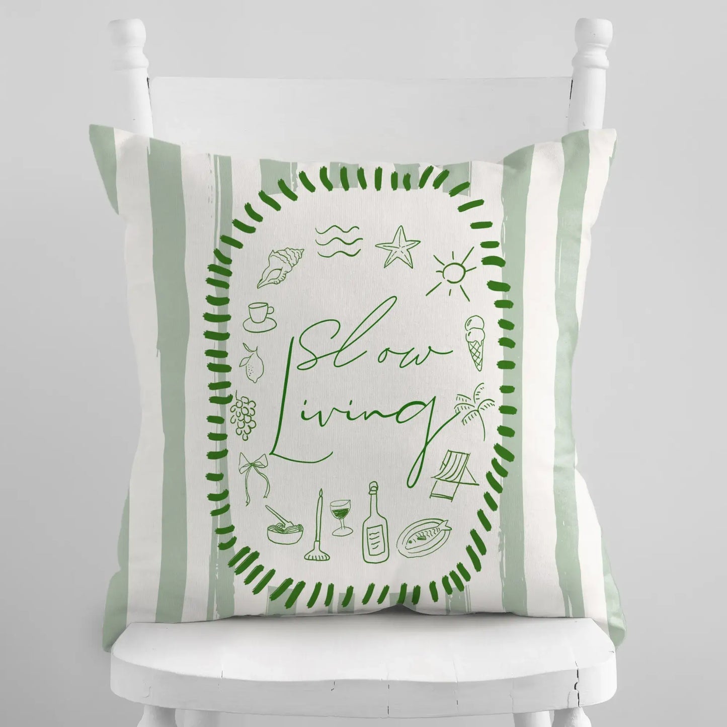 La Dolce Vita Pillow Cover featuring soft illustrations and summer tones, perfect for slow living decor.