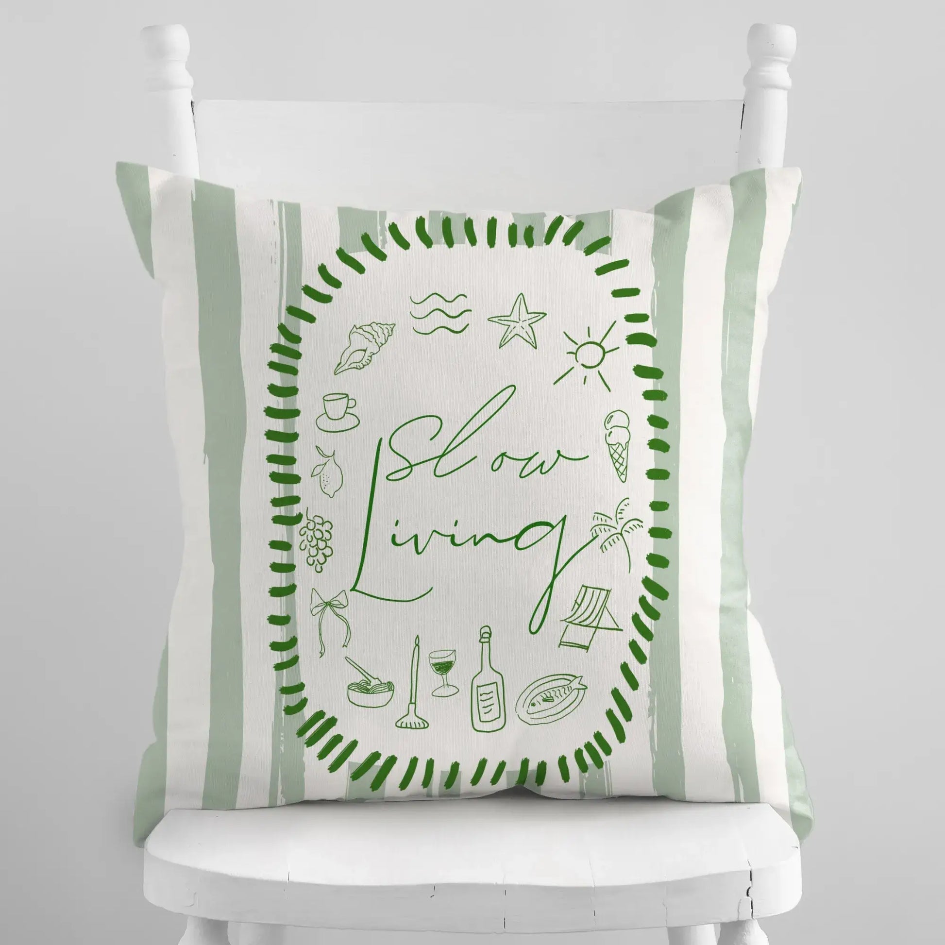 La Dolce Vita Pillow Cover featuring soft illustrations and summer tones, perfect for slow living decor.