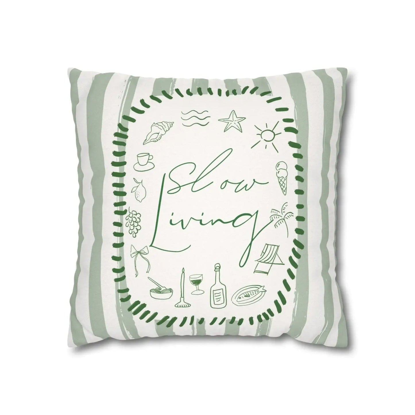 La Dolce Vita Pillow Cover featuring slow living design with green illustrations and striped pattern