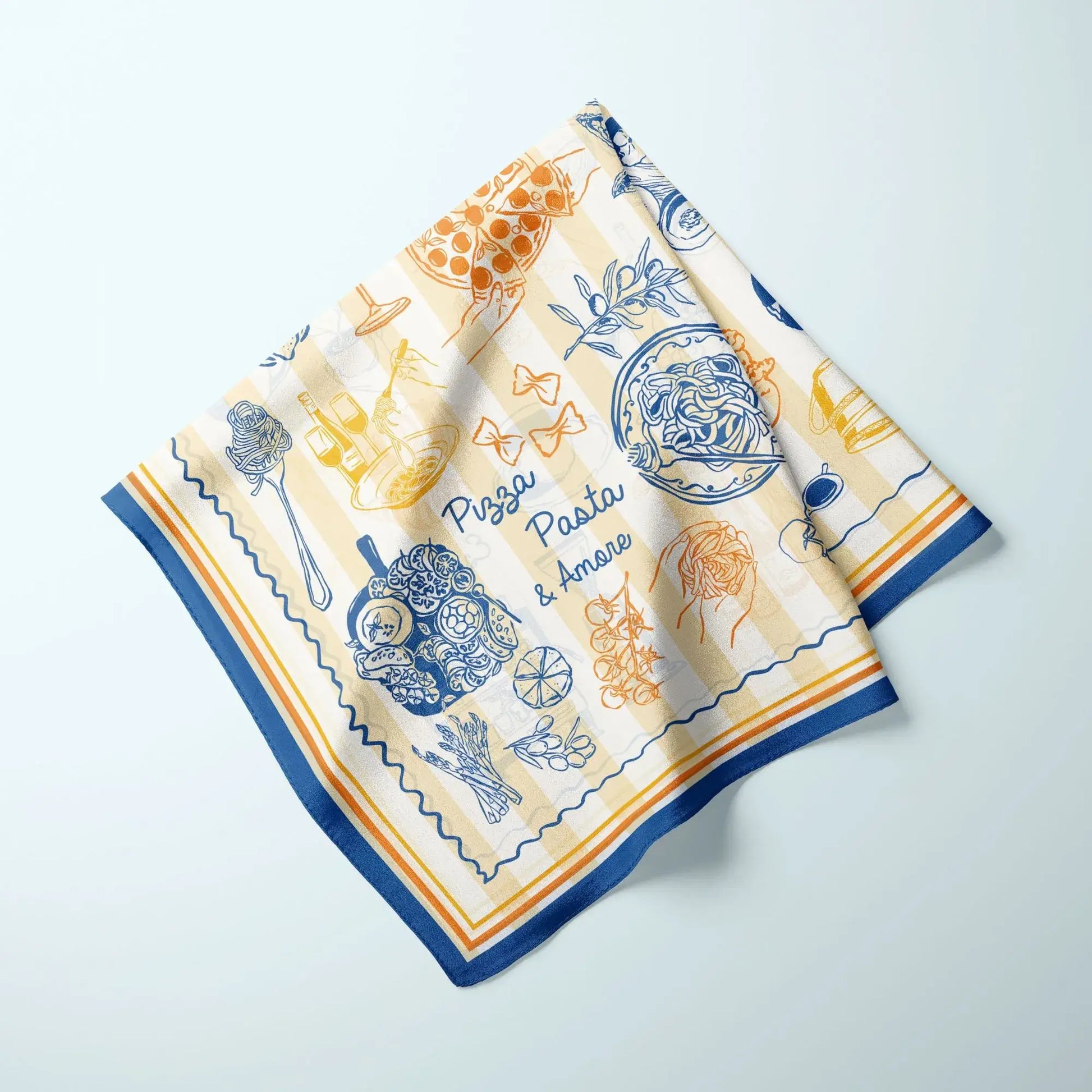 La Dolce Vita: A Taste of Italy Silk Scarf featuring pizza, pasta, and gelato illustrations in Mediterranean colors.