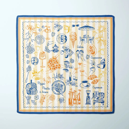 La Dolce Vita A Taste of Italy Silk Scarf featuring hand-drawn illustrations of Italian food and drinks.