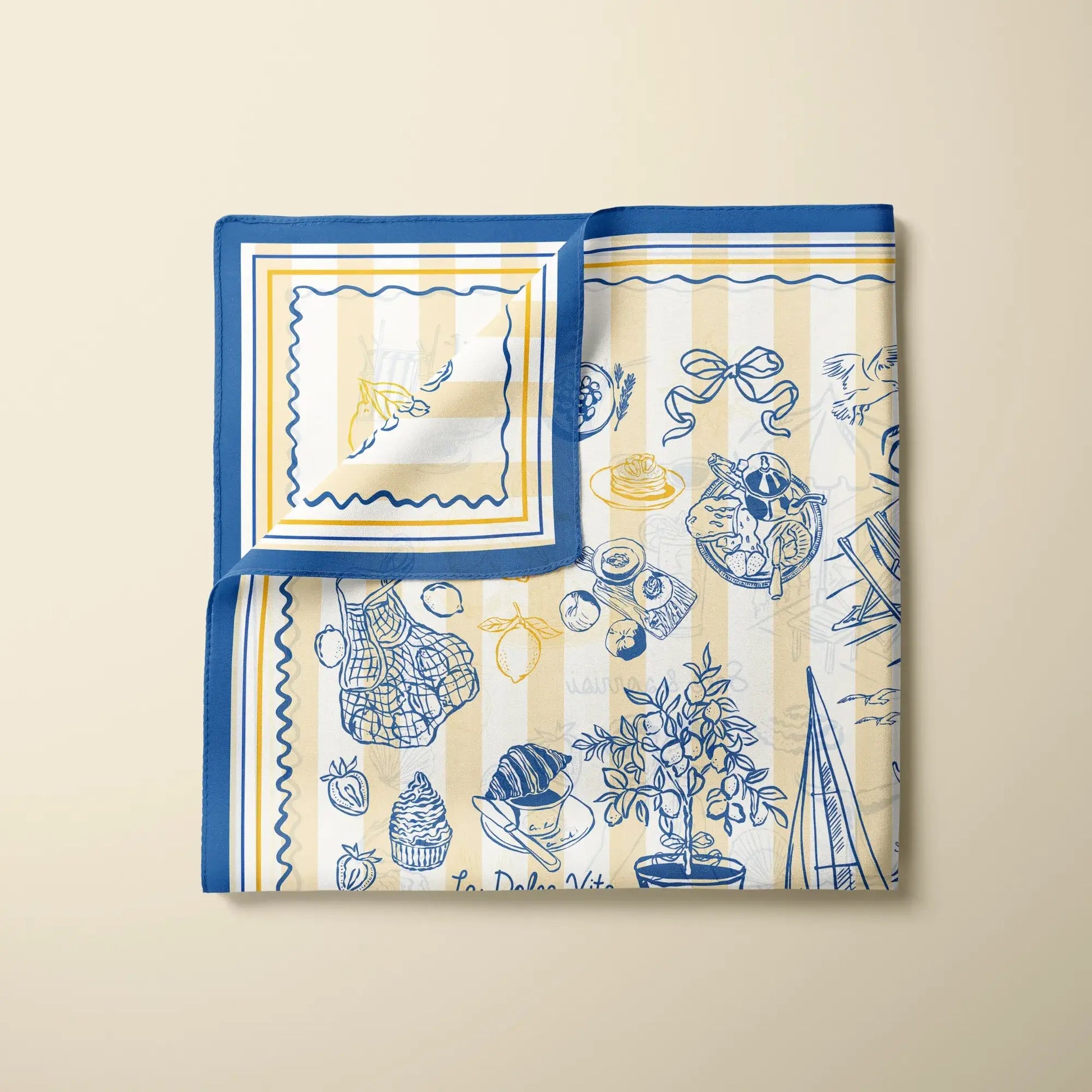 La Dolce Vita Silk Scarf featuring hand-drawn nautical and food illustrations in blue and yellow on a light background.