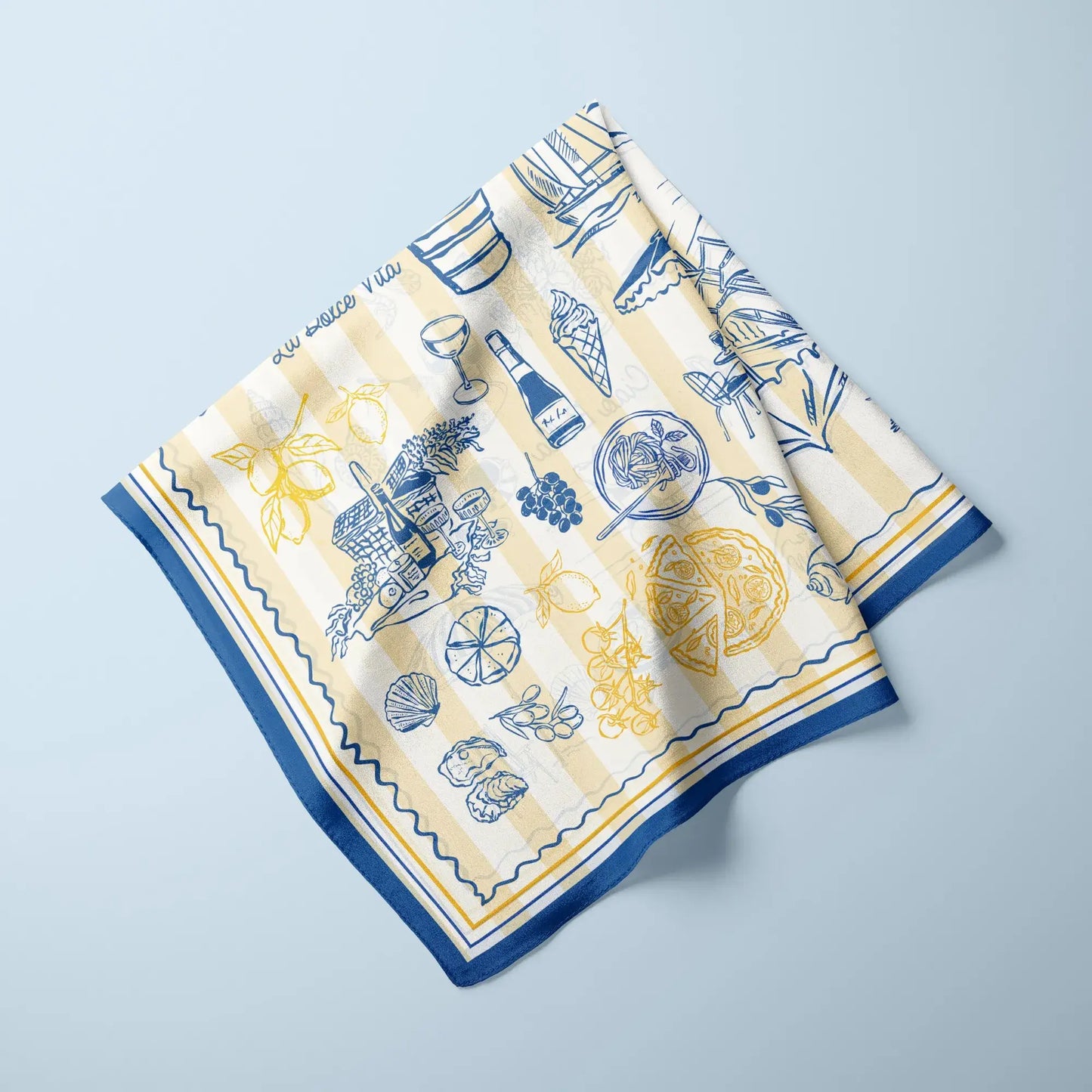 La Dolce Vita Silk Scarf featuring hand-drawn Mediterranean illustrations in blue and yellow colors.