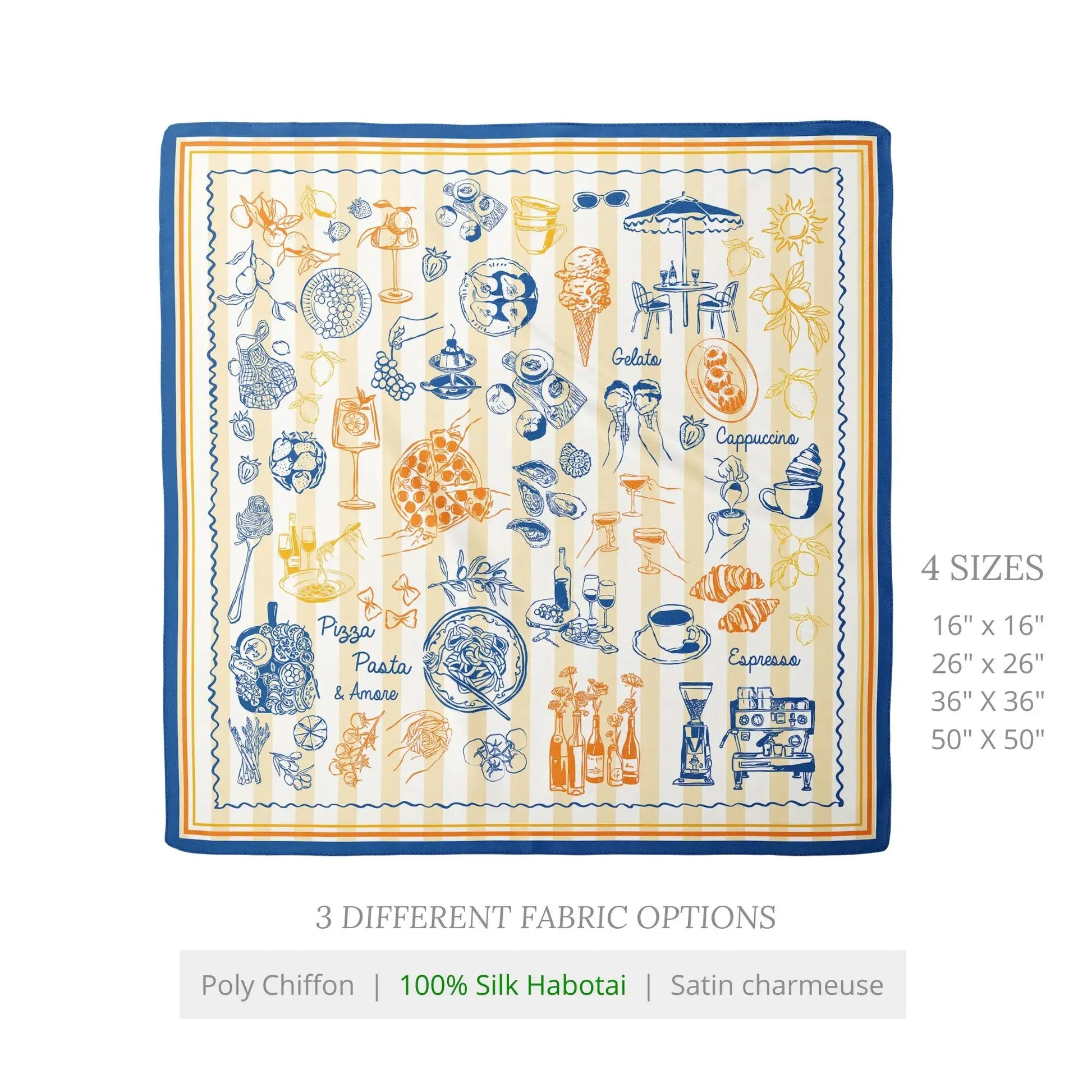 La Dolce Vita A Taste of Italy Silk Scarf featuring hand-drawn Italian food and coffee illustrations.
