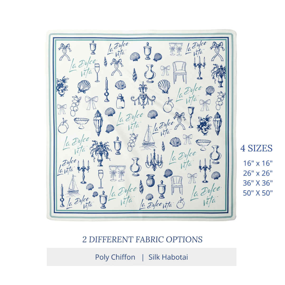 La Dolce Vita Silk scarf featuring Mediterranean doodle illustrations in blue and white, available in multiple sizes and fabric options.