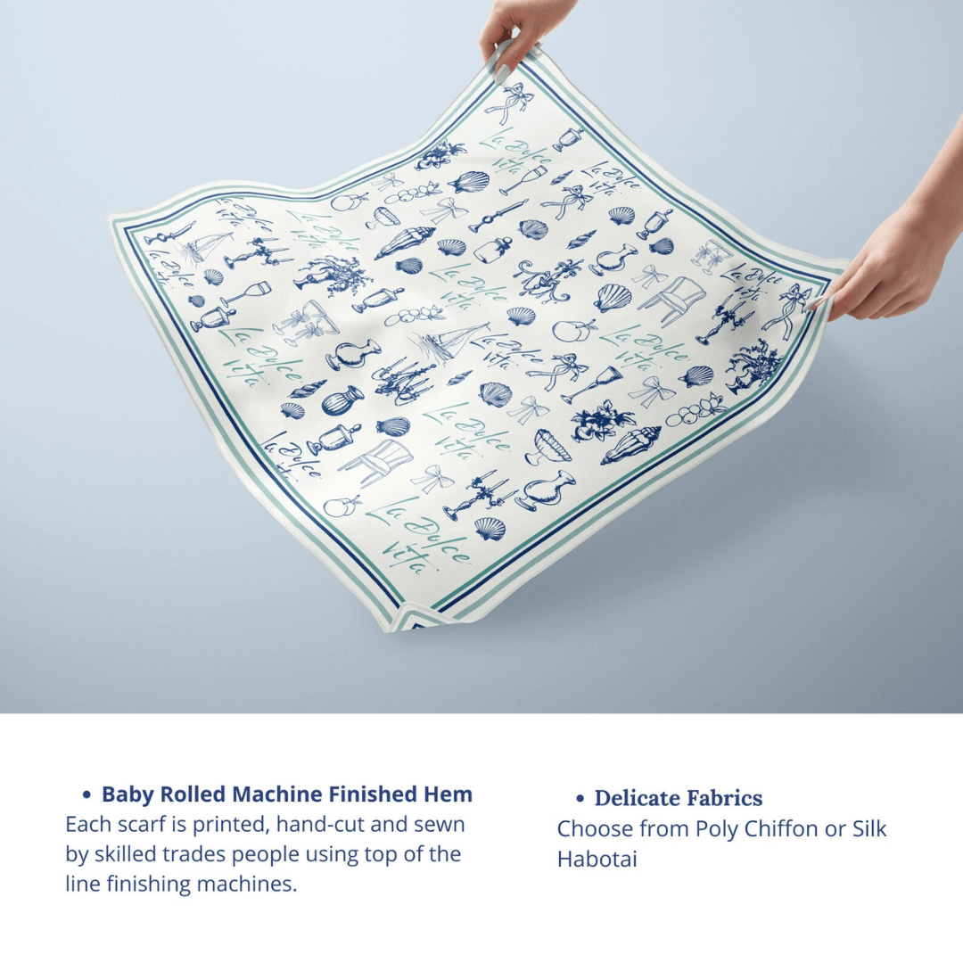 La Dolce Vita Silk scarf showcasing Mediterranean doodle illustrations with hand-finished hem and delicate fabrics.