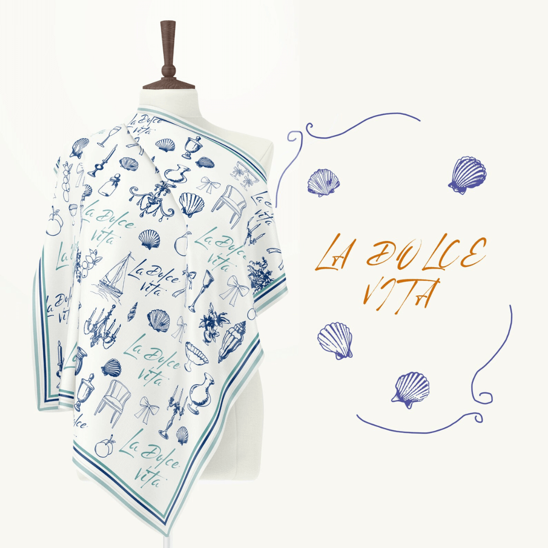 La Dolce Vita Silk scarf featuring Mediterranean doodle illustrations on a mannequin.
