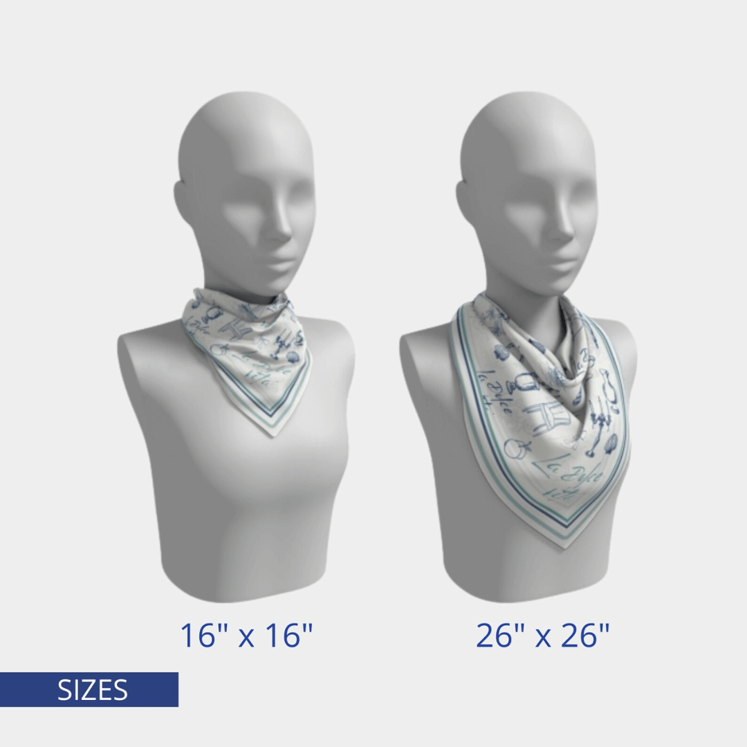 La Dolce Vita Silk scarf displayed in two sizes on mannequins, showcasing Mediterranean doodle illustrations and elegant draping.