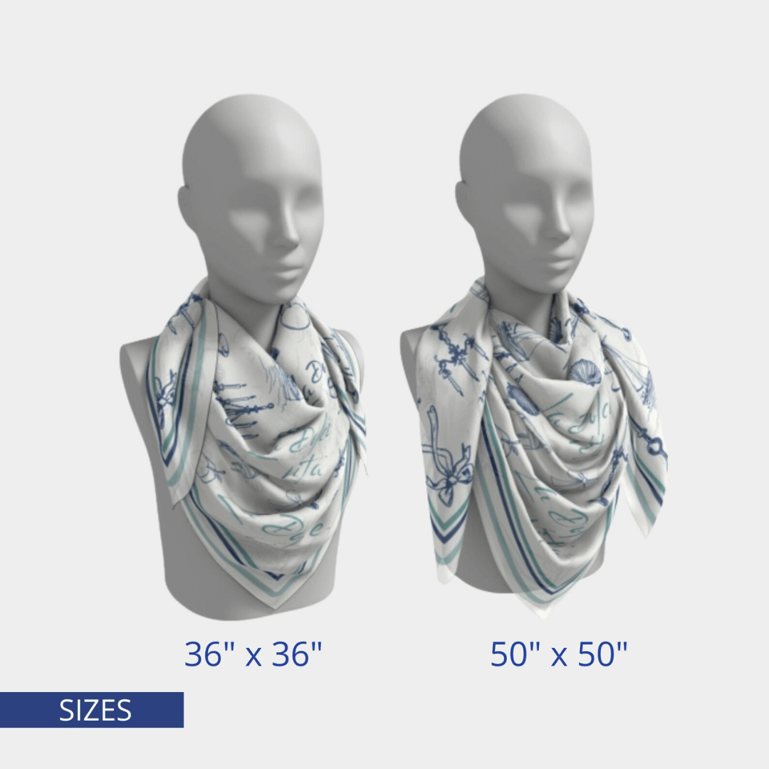 La Dolce Vita Silk scarf displayed in two sizes, 36" x 36" and 50" x 50" on mannequins.