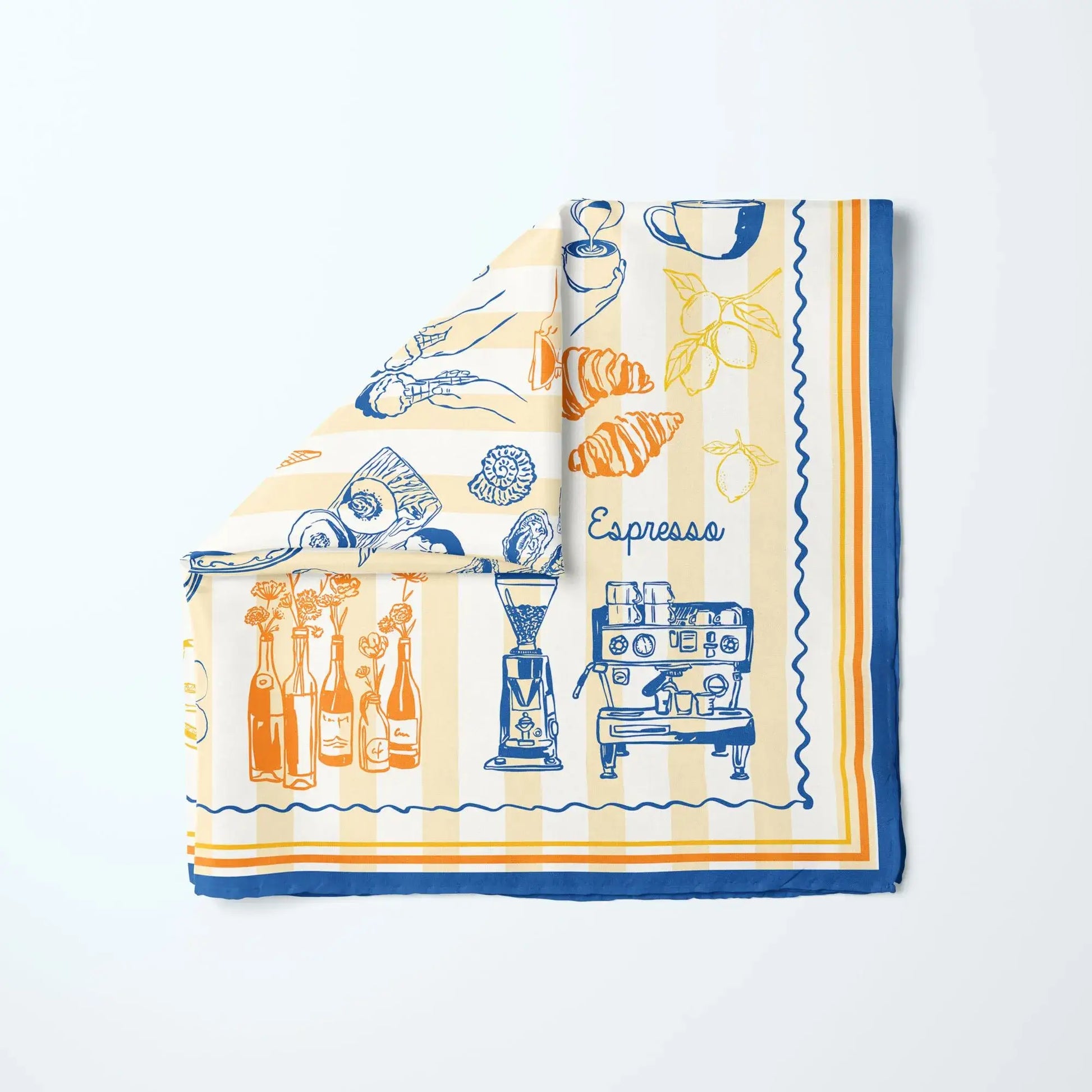 La Dolce Vita A Taste of Italy Silk Scarf featuring espresso and food illustrations in Mediterranean colors.