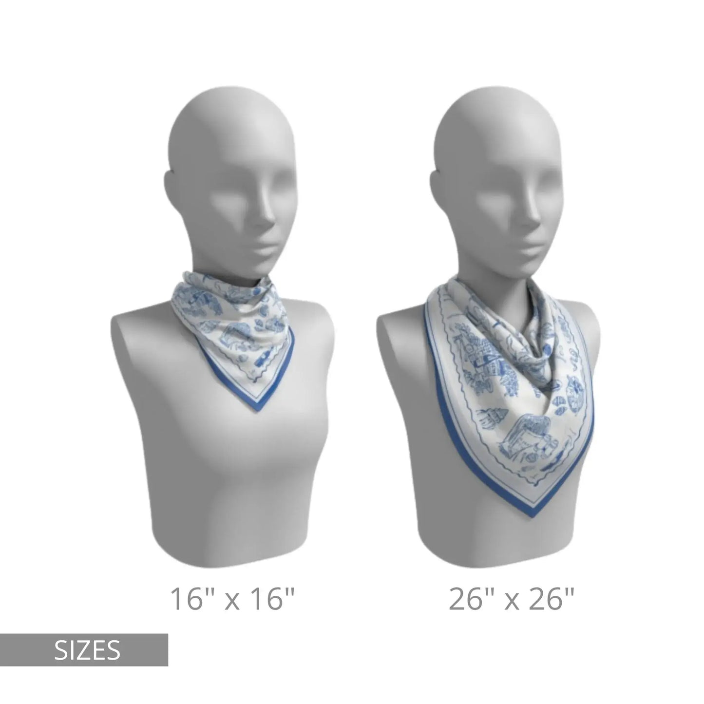 Two mannequins displaying The Dolce Moment Silk Scarves in 16x16 and 26x26 inch sizes – blue coastal design.