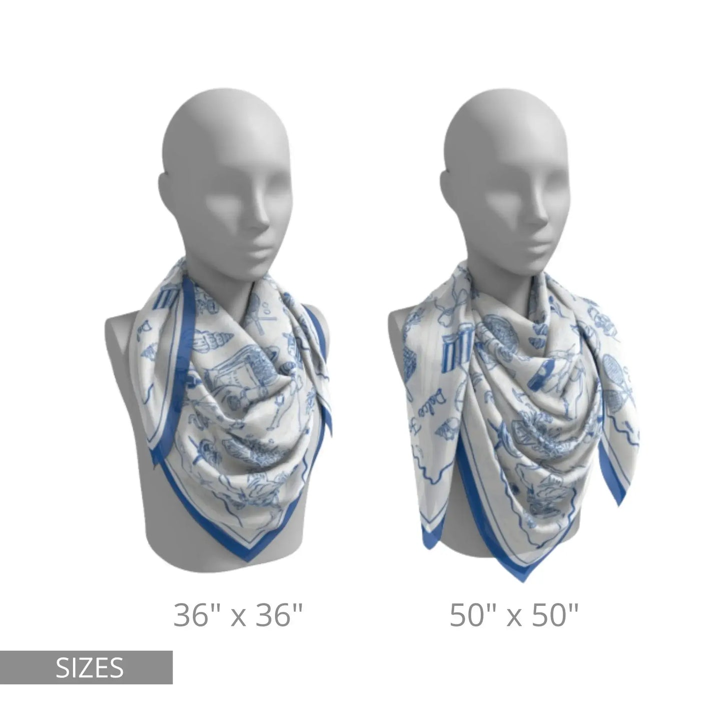 Two mannequins wearing large Dolce Moment Silk Scarves in 36x36 and 50x50 inch sizes – blue Mediterranean print.
