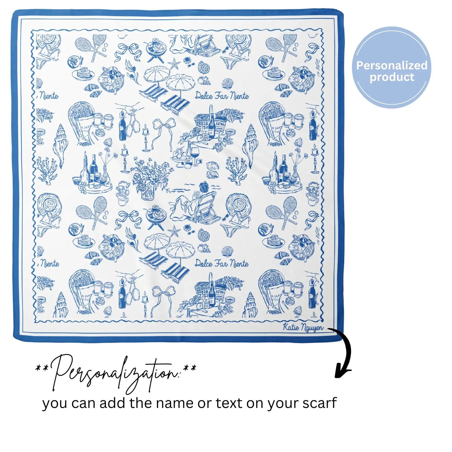 Square The Dolce Moment Silk Scarf with blue vintage coastal illustrations, personalized with name text in corner
