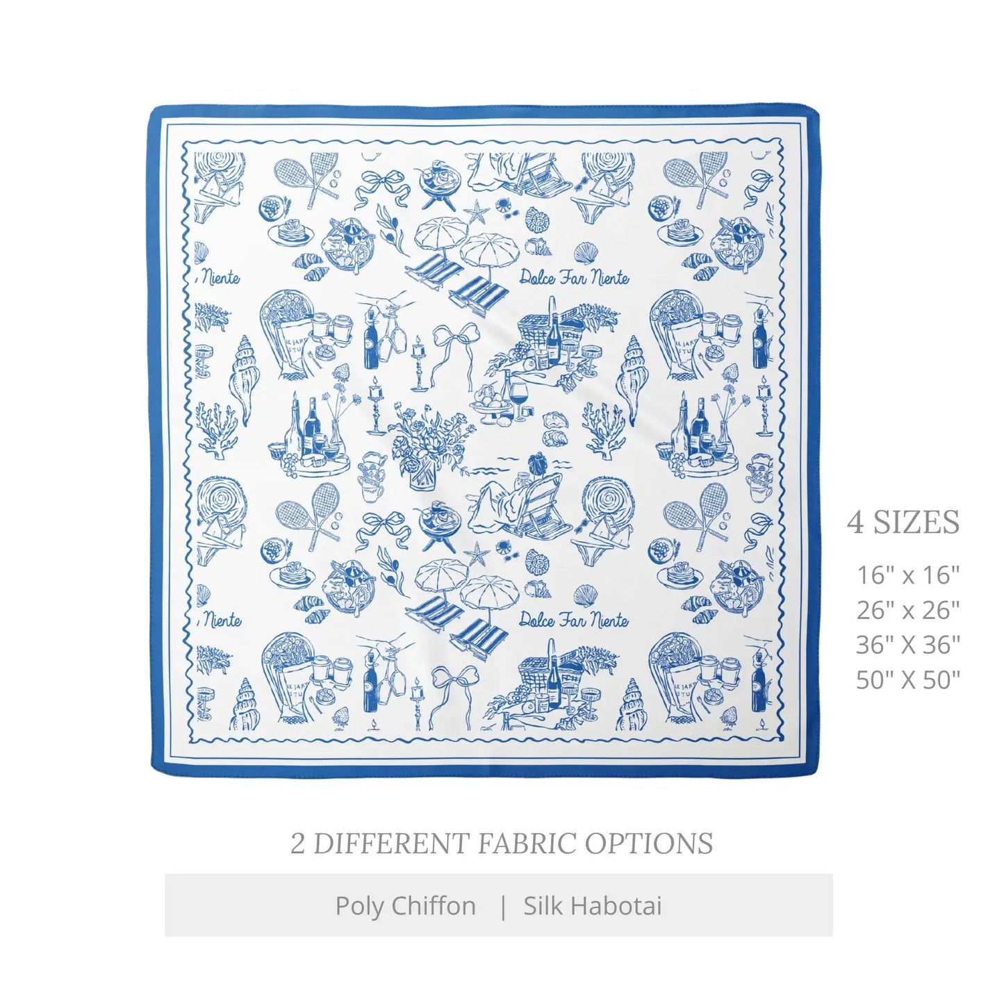 The Dolce Moment Silk Scarf in blue vintage picnic print – available in 4 sizes and 2 fabrics.
