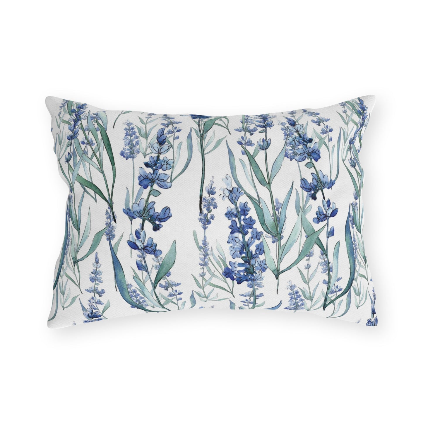 Rectangular outdoor pillow with blue lavender watercolor floral print on white background